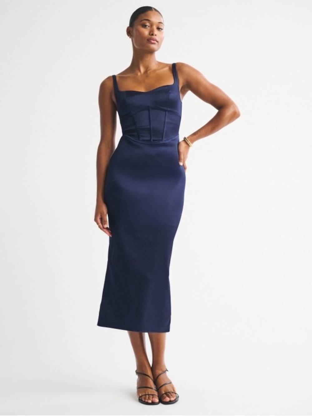 Abercrombie & Fitch Satin Corset Midi Dress in Navy    NWT